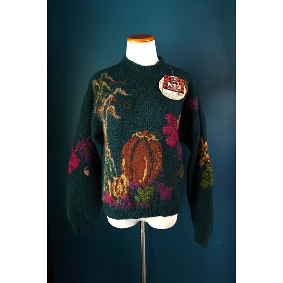 NWT Vintage Woolrich Wool Fall Pumpkin Floral Green Cottagecore Sweater Small